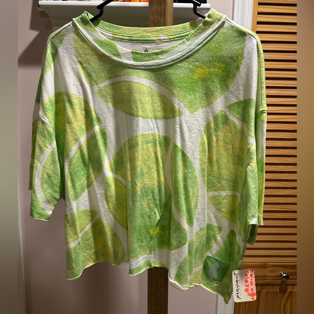 FP Movement by Free People White & Green Oversized Leaf-Print Tee